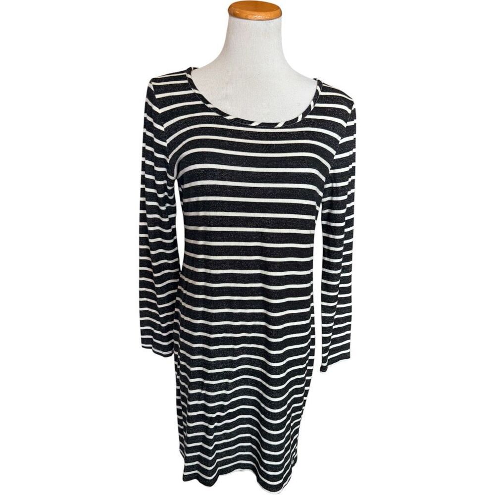 Womens Bar III Miami Black & White Long Sleeve Striped Knit Jersey Dress - Sz L